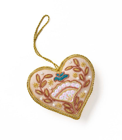 Larissa Plush Floral Heart Beaded Fabric Ornament - Embroidered