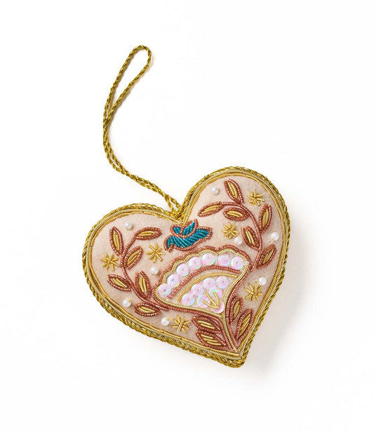 Larissa Plush Floral Heart Beaded Fabric Ornament - Embroidered