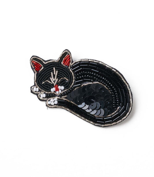 Bala Mani Beaded Sleeping Cat Brooch Pin - Handmade