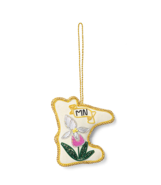 Minnesota State Lady Slipper Beaded Fabric Ornament - Embroidered