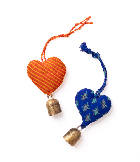 Heart Upcycled Sari Mini Bell Hanging - Assorted Colors