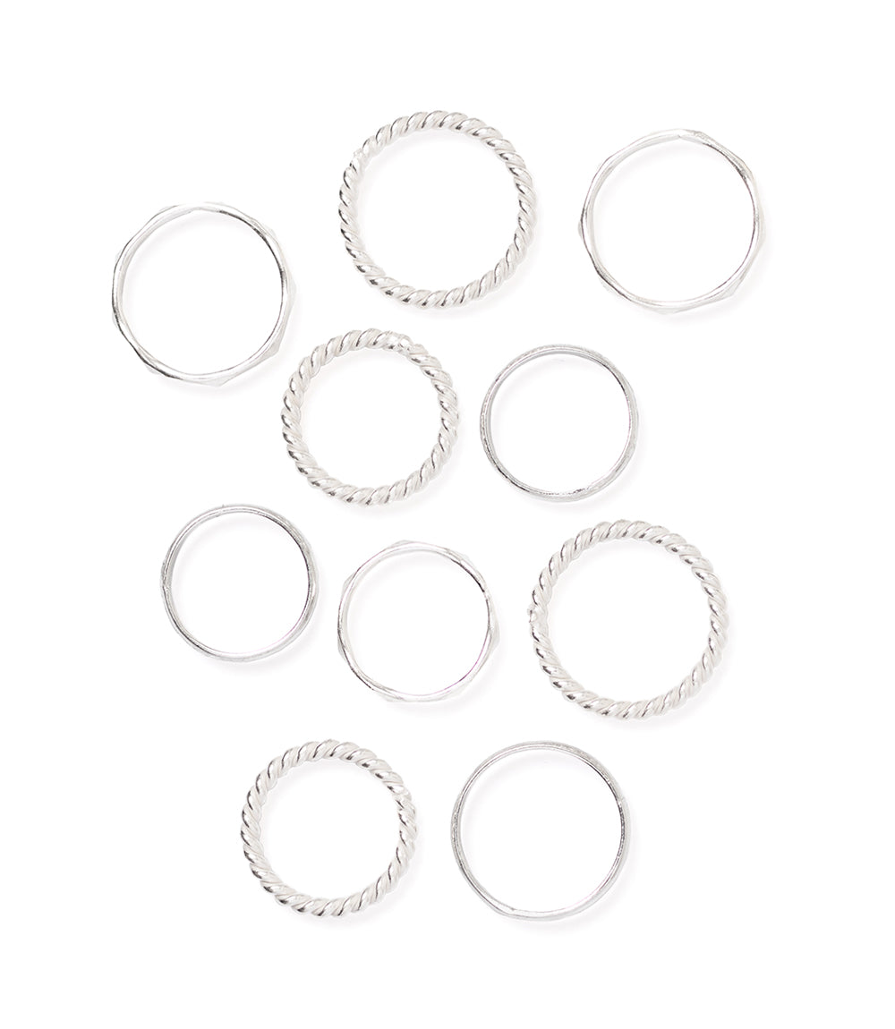 Dhera Assorted Textured Band Stacking Rings - Silver Tone