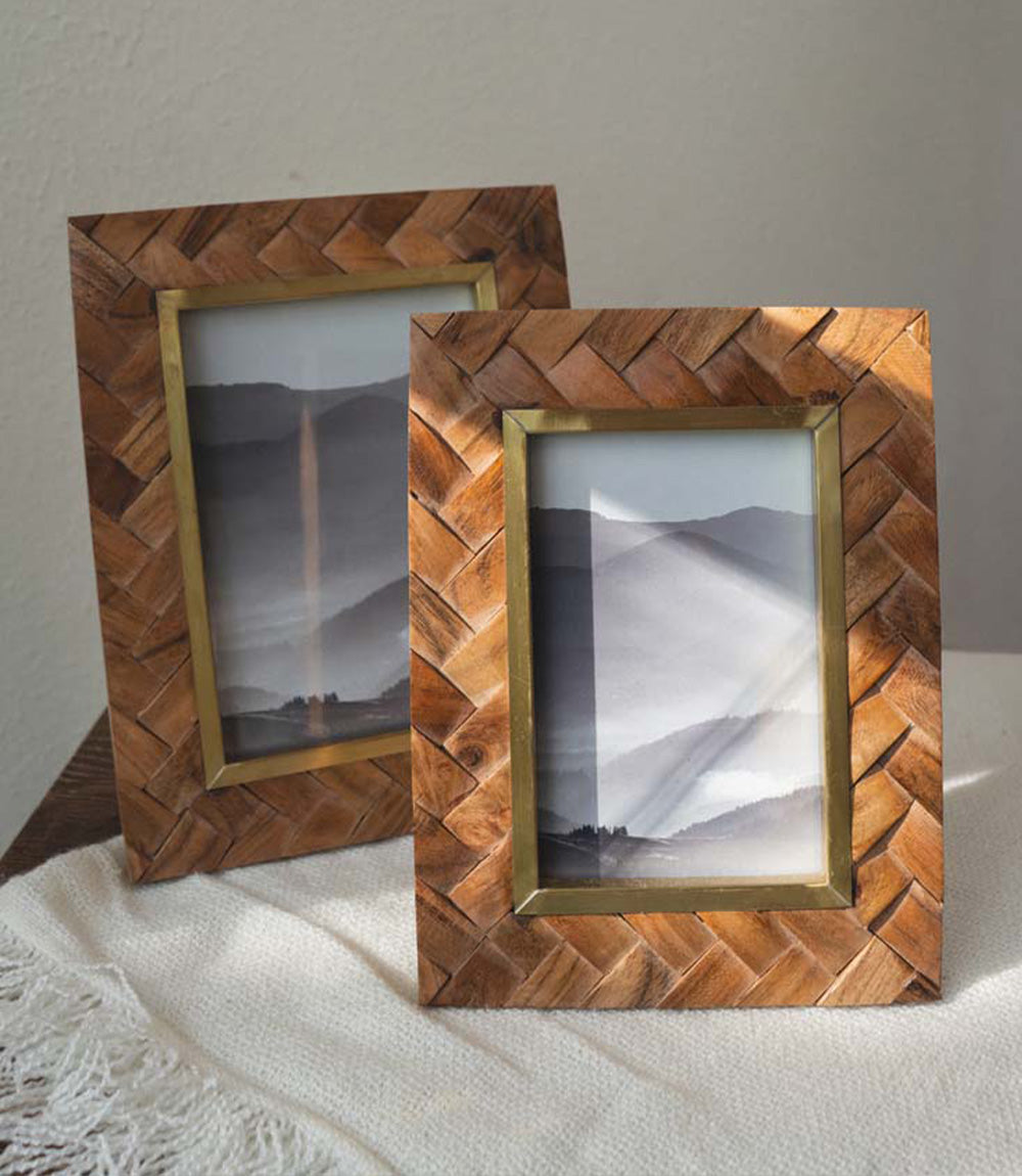 Basu 5x7 Picture Frame - Carved Wood, Brass Inlay