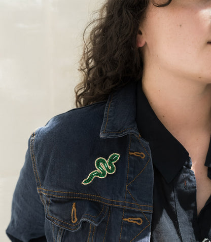 Bala Mani Beaded Green Snake Brooch Pin - Handmade