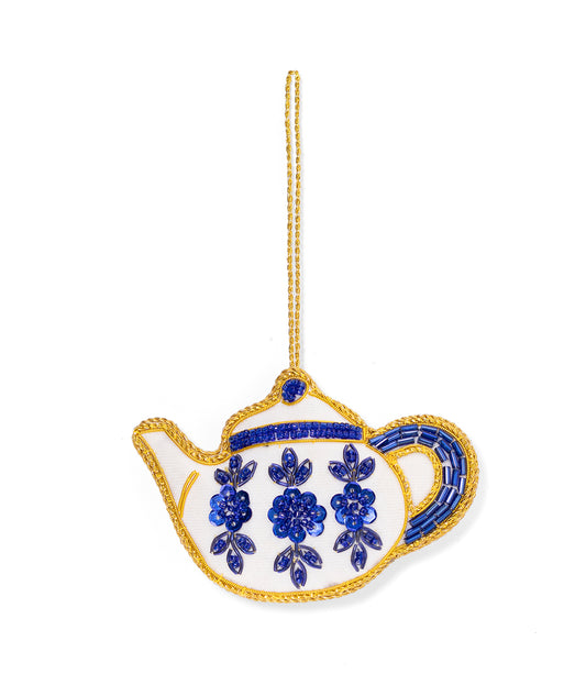Larissa Plush Teapot Beaded Fabric Ornament - Embroidered