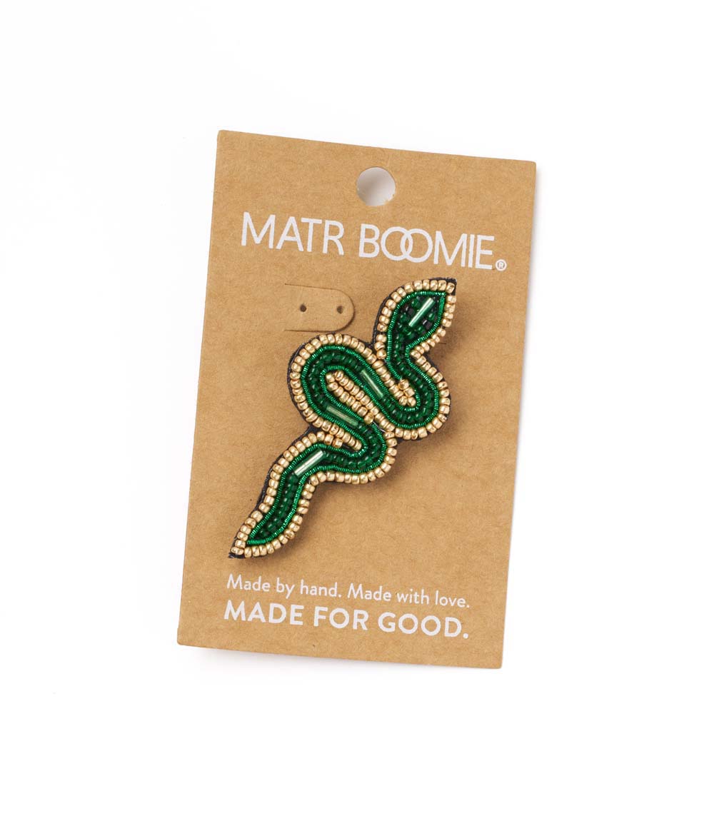 Bala Mani Beaded Green Snake Brooch Pin - Handmade