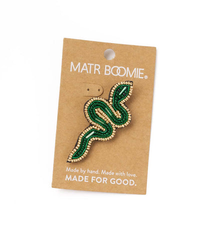 Bala Mani Beaded Green Snake Brooch Pin - Handmade