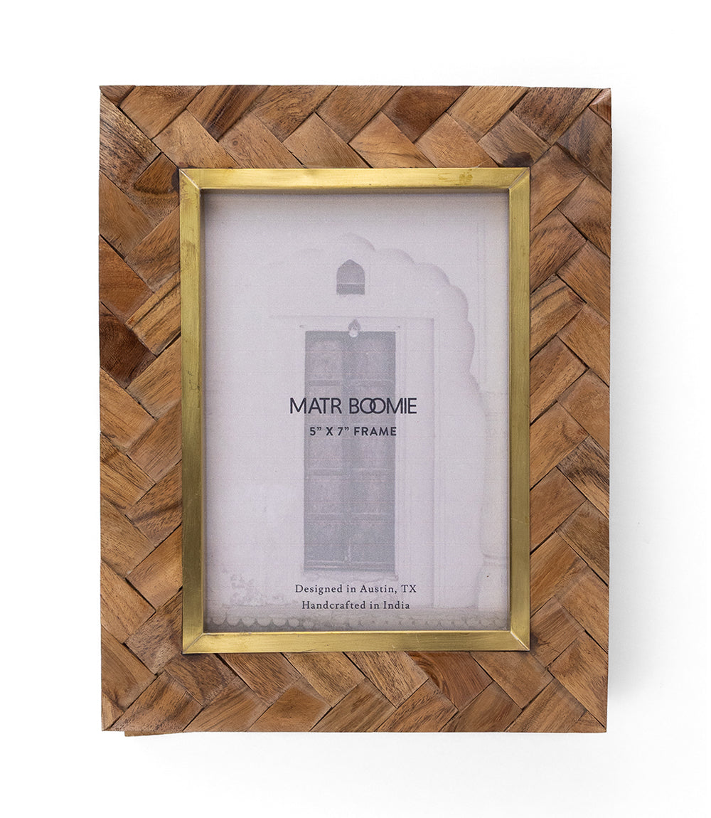 Basu 5x7 Picture Frame - Carved Wood, Brass Inlay
