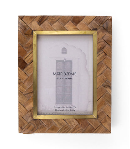Basu 5x7 Picture Frame - Carved Wood, Brass Inlay