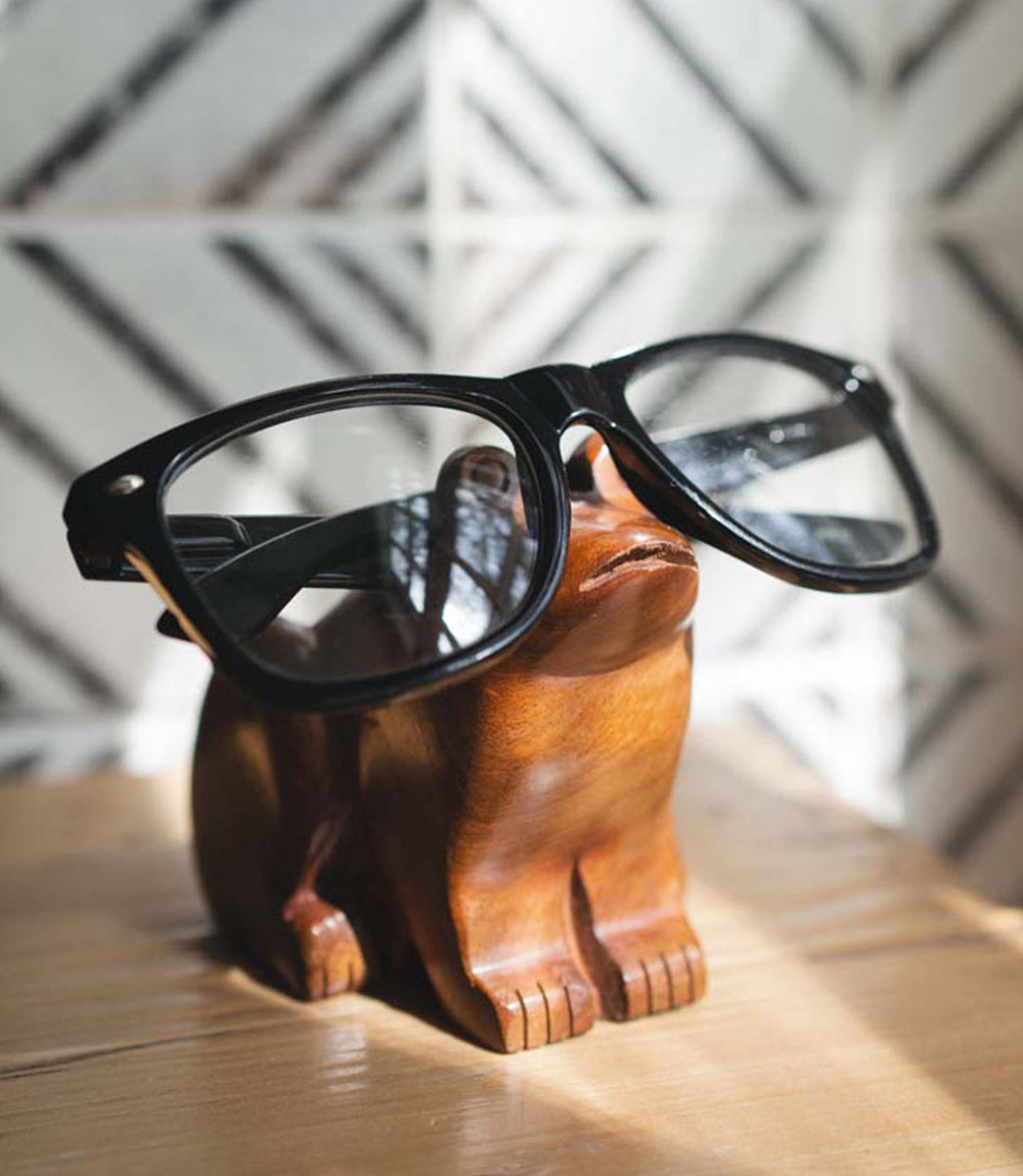 Frog Eyeglass Holder Stand - Hand Carved Wood