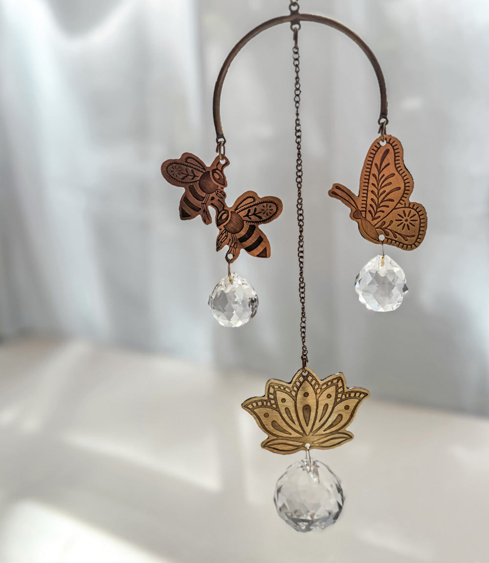 Surya Natural Bee and Butterfly Engraved Brass Suncatcher Mobile