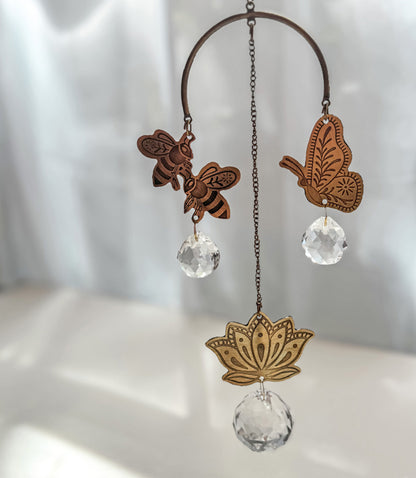 Surya Natural Bee and Butterfly Engraved Brass Suncatcher Mobile