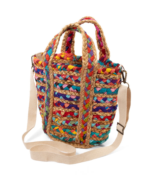 Mini Multicolor Chindi Tote with Adjustable Strap - Upcycled Fabric