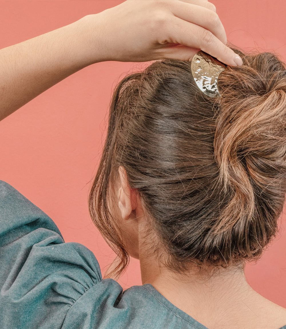 Hammered Crescent Brass Hair Pin - Gold