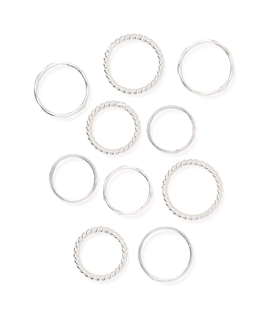 Dhera Assorted Textured Band Stacking Rings - Silver Tone