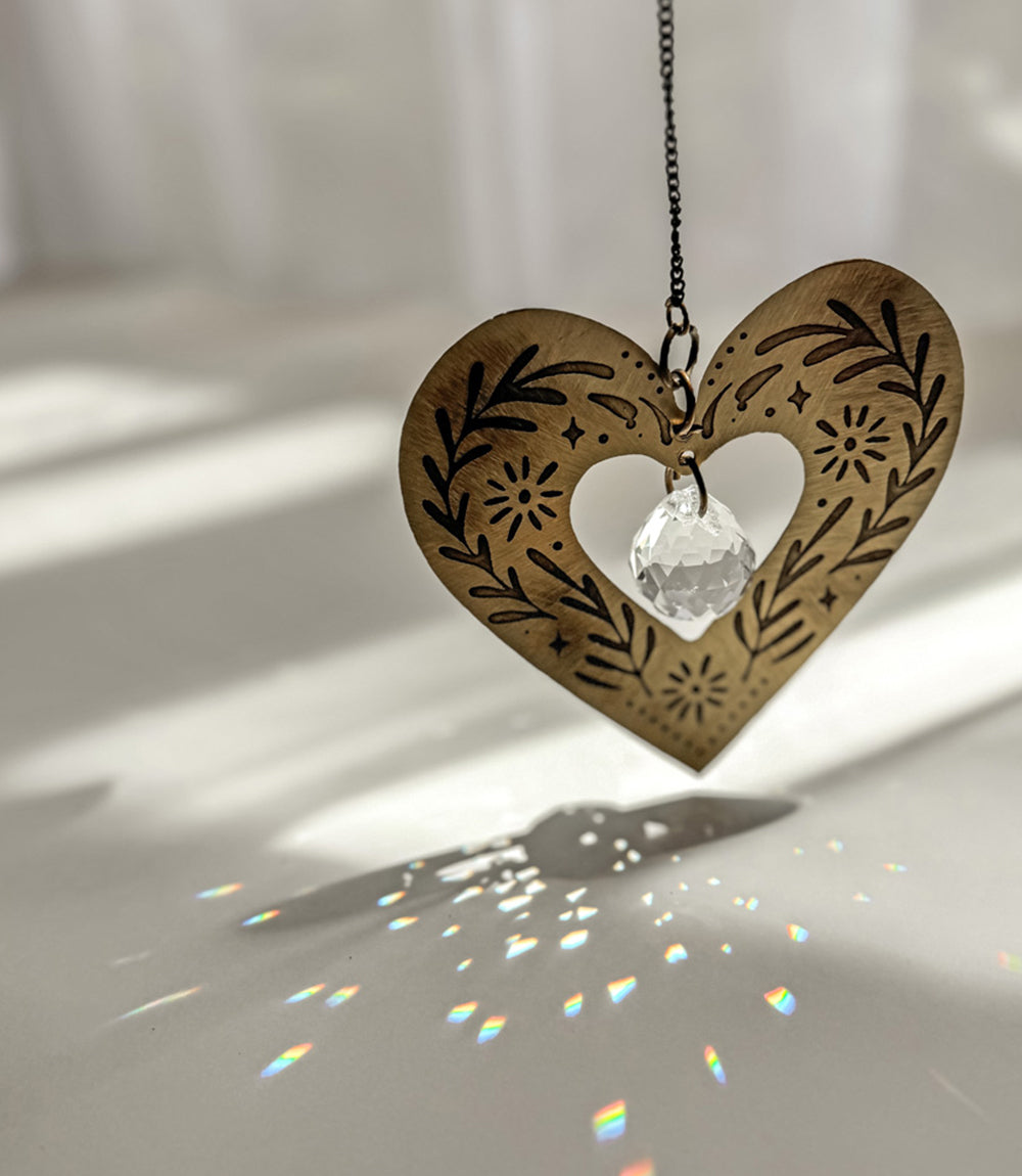 Surya Cutout Heart Engraved Brass Suncatcher