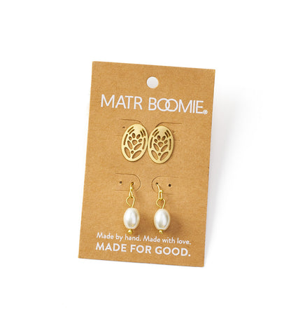 Adhya Pearl and Oval Stud Earrings - Set of 2