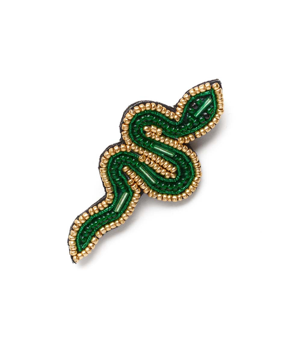Bala Mani Beaded Green Snake Brooch Pin - Handmade