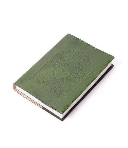 Floral Heart Embossed Green Leather Journal - Refillable Notebook