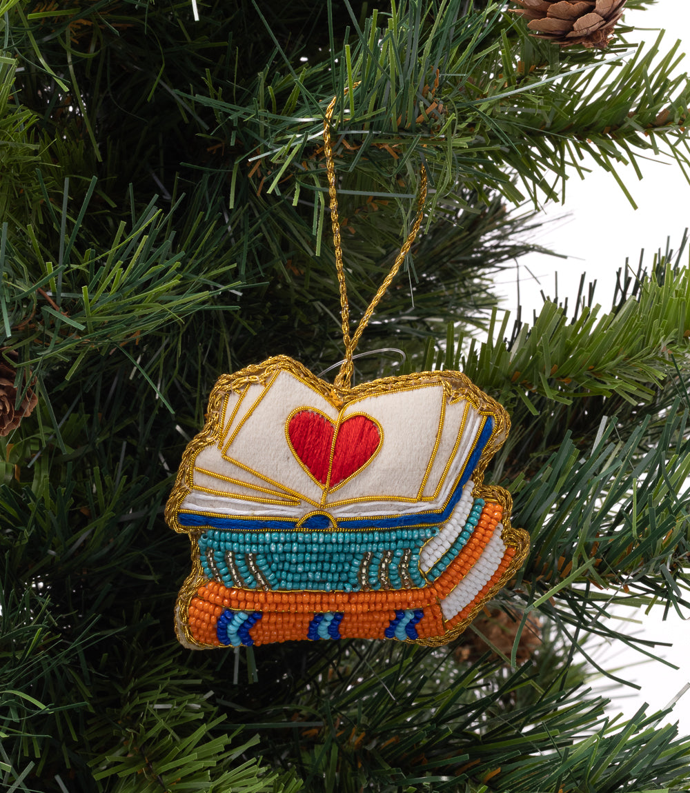 Larissa Heart Book Stack Beaded Ornament - Hand Embroidered