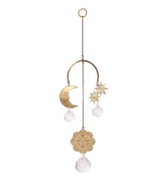 Surya Celestial Moon and Sun Engraved Brass Suncatcher Mobile