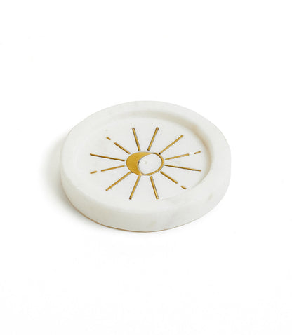 Indukala Round Moon Trinket Dish Incense Holder - White Carved Marble