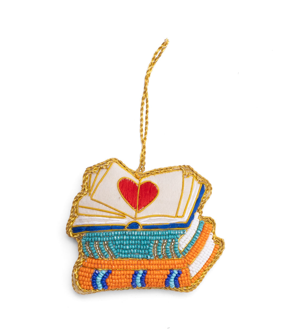 Larissa Heart Book Stack Beaded Ornament - Hand Embroidered