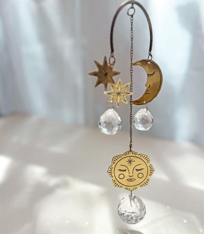 Surya Celestial Moon and Sun Engraved Brass Suncatcher Mobile