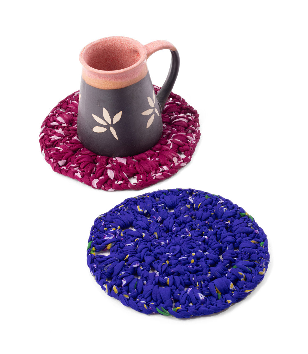 Round Crochet Trivet - Assorted Upcycled Sari Fabric