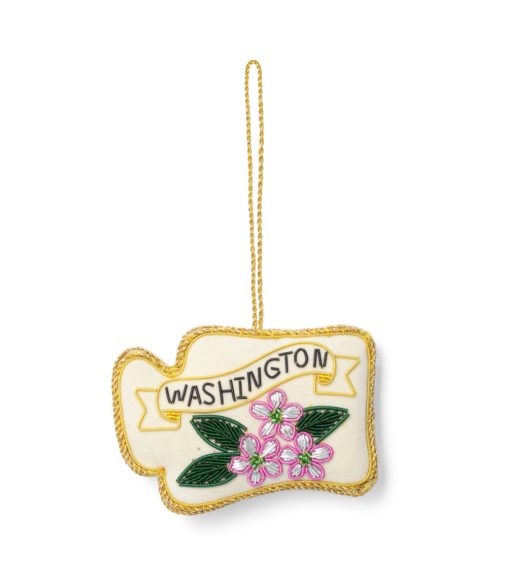 Washington State Rhododendron Beaded Ornament - Hand Embroidered