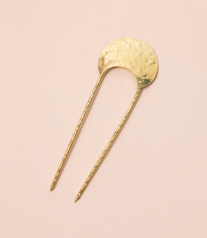 Hammered Crescent Brass Hair Pin - Gold