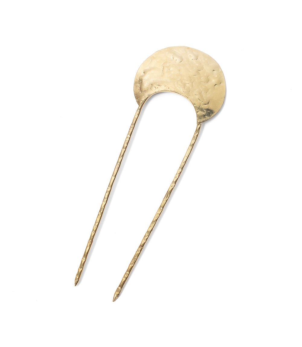 Hammered Crescent Brass Hair Pin - Gold