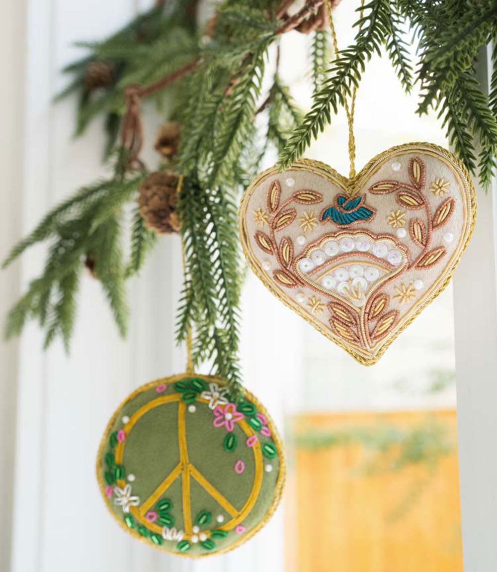 Larissa Plush Floral Peace Sign Beaded Fabric Ornament - Embroidered