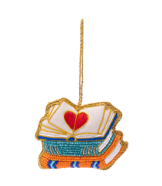 Larissa Heart Book Stack Beaded Ornament - Hand Embroidered