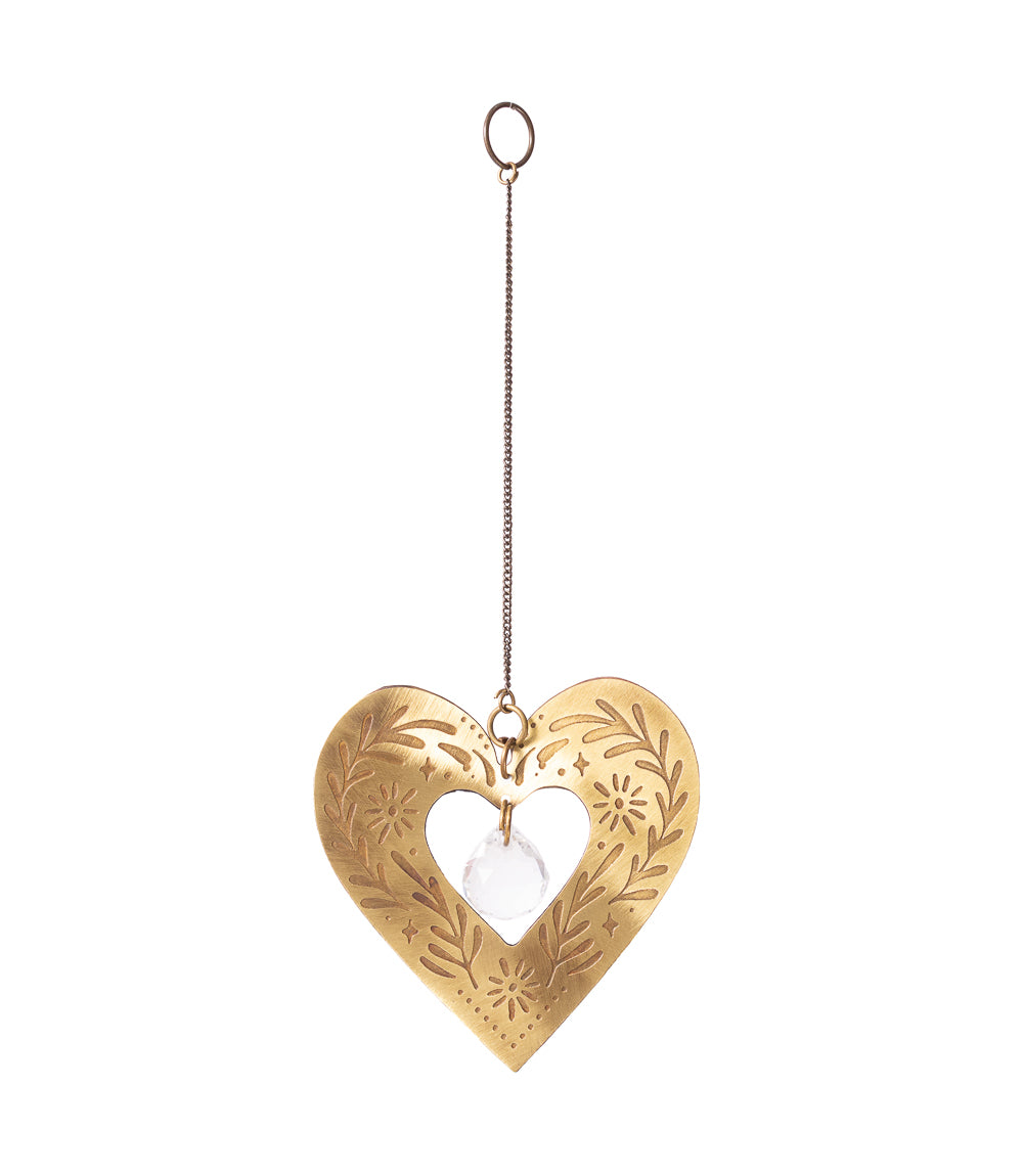 Surya Cutout Heart Engraved Brass Suncatcher