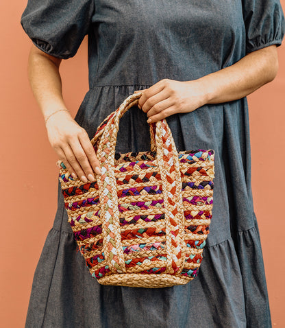Mini Multicolor Chindi Tote with Adjustable Strap - Upcycled Fabric