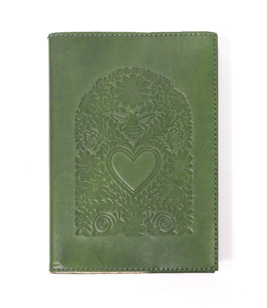 Floral Heart Embossed Green Leather Journal - Refillable Notebook