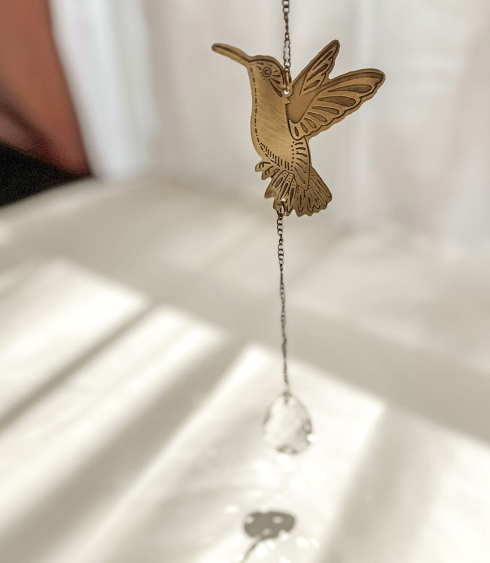 Surya Mini Hummingbird Engraved Brass Suncatcher