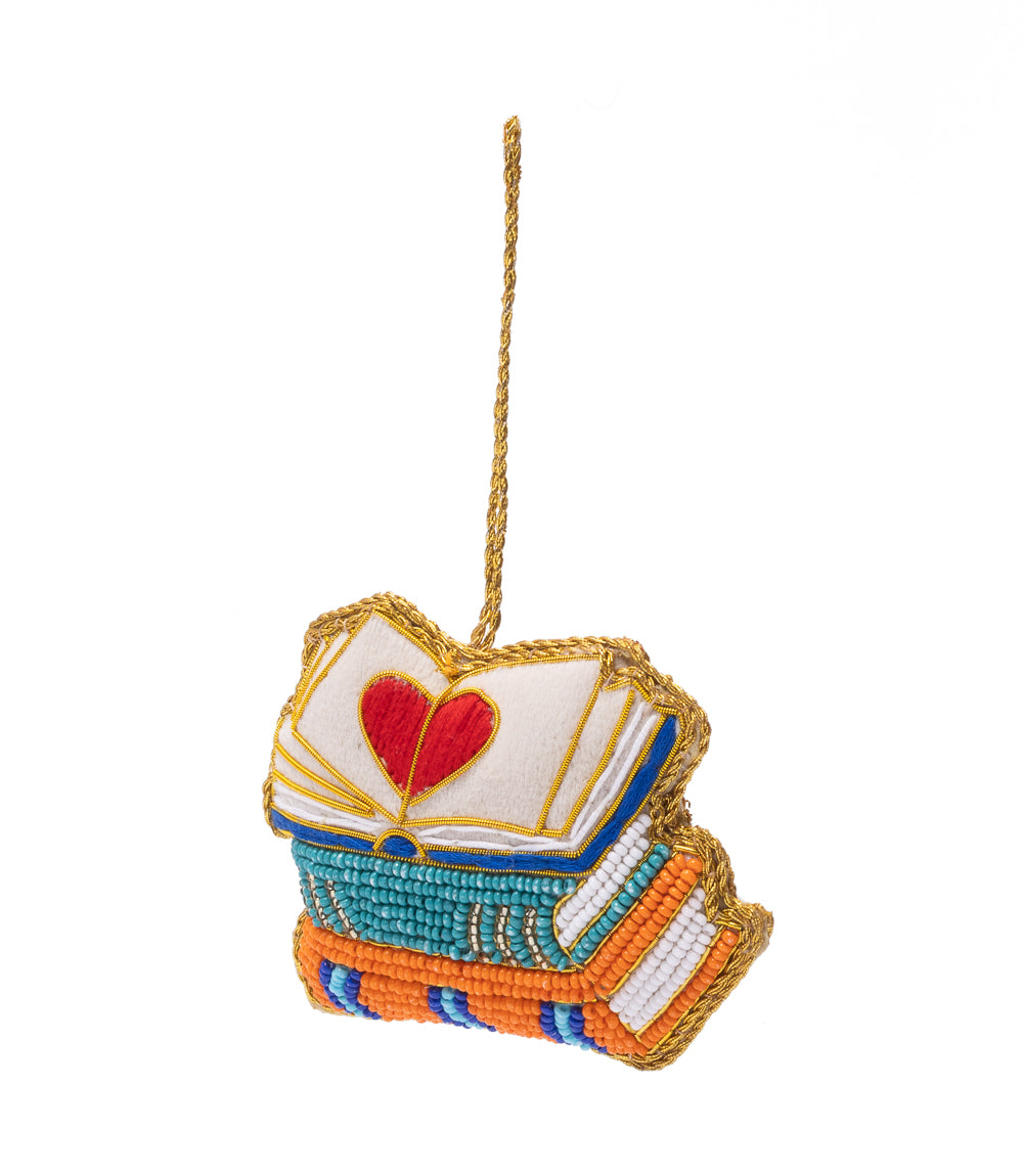 Larissa Heart Book Stack Beaded Ornament - Hand Embroidered