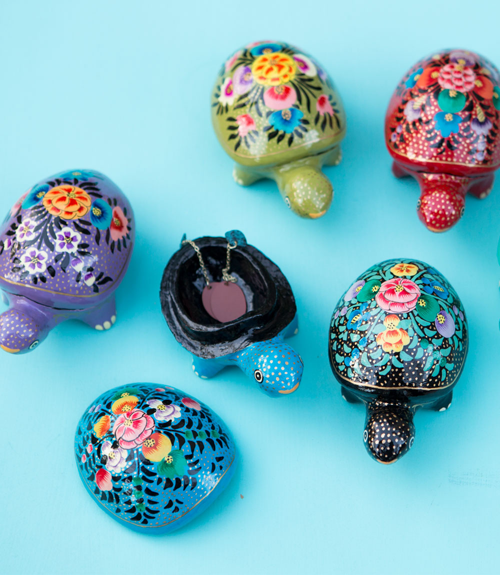 Paradise Turtles Paper Mache Boxes Set of 6 - Hand Painted Assorted