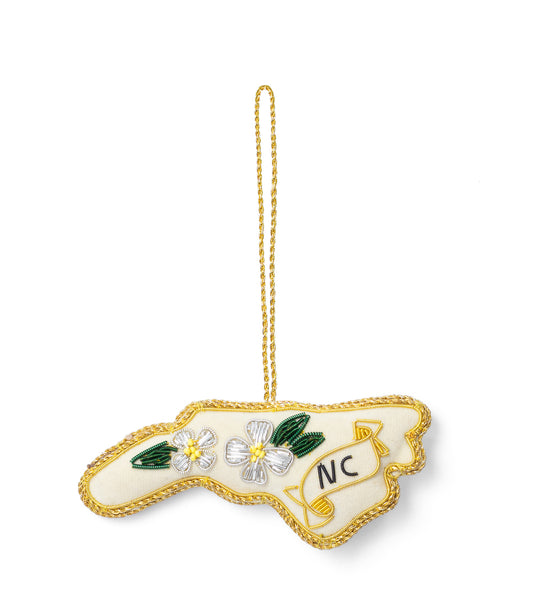 North Carolina State Dogwood Beaded Ornament - Hand Embroidered