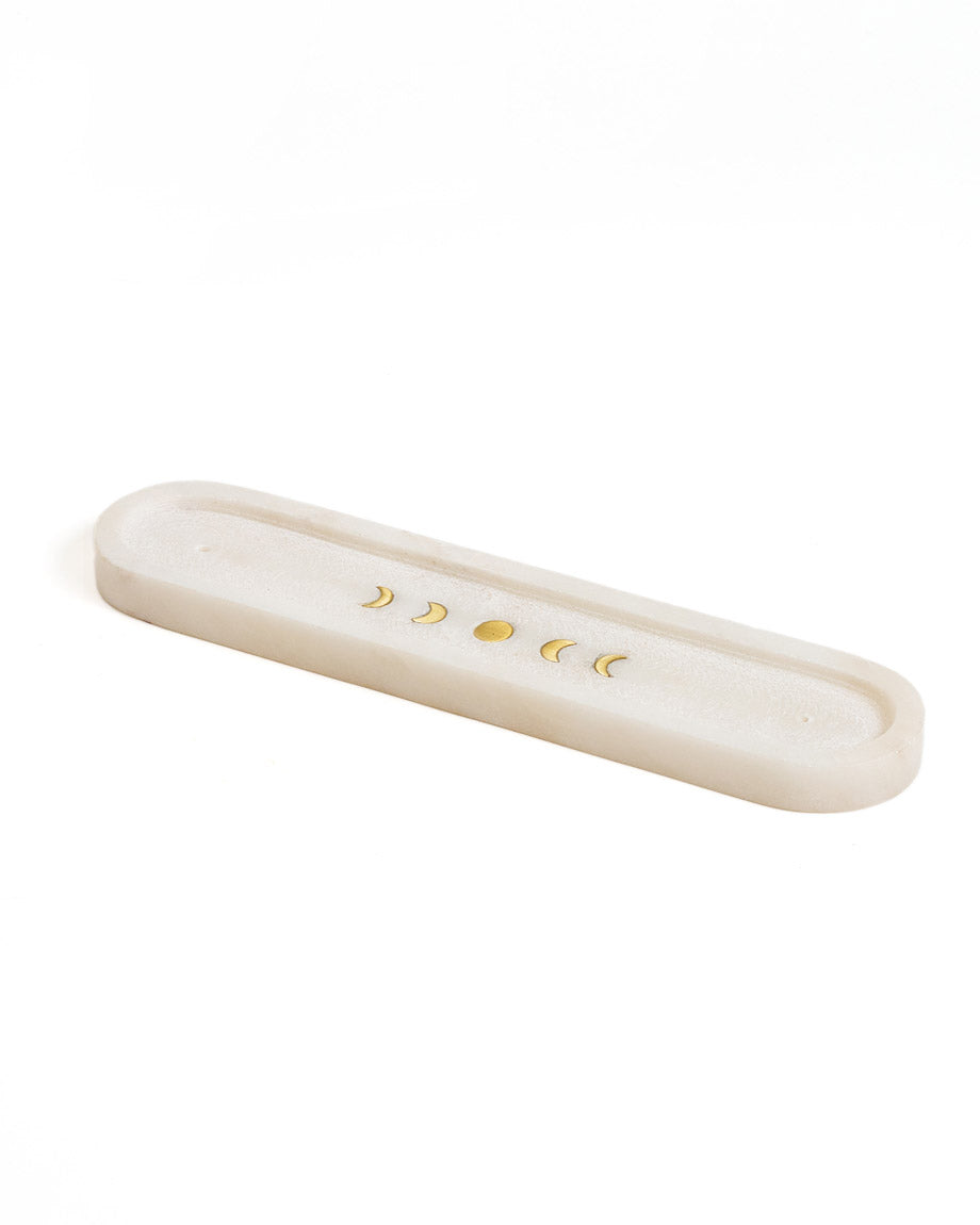 Indukala Moon Phase Trinket Dish Incense Holder - White Carved Marble