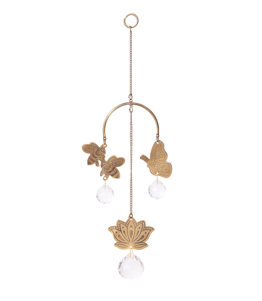 Surya Natural Bee and Butterfly Engraved Brass Suncatcher Mobile
