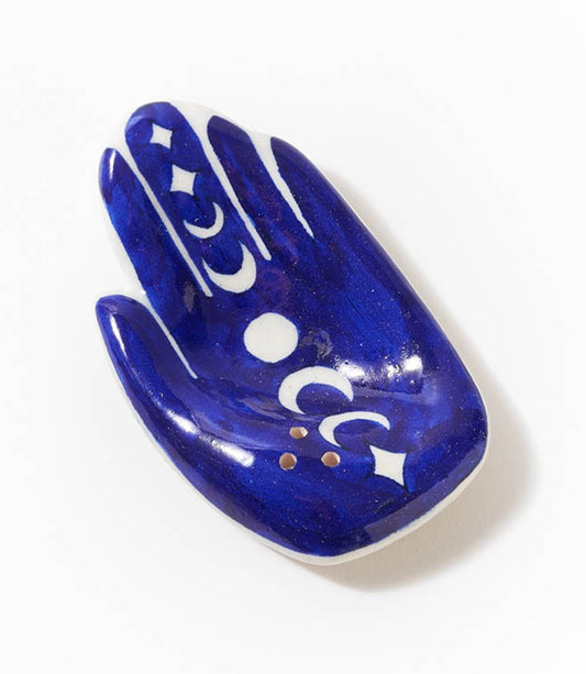 Jalini Hamsa Moon Phase Trinket Dish Incense Holder - Hand Painted Ceramic