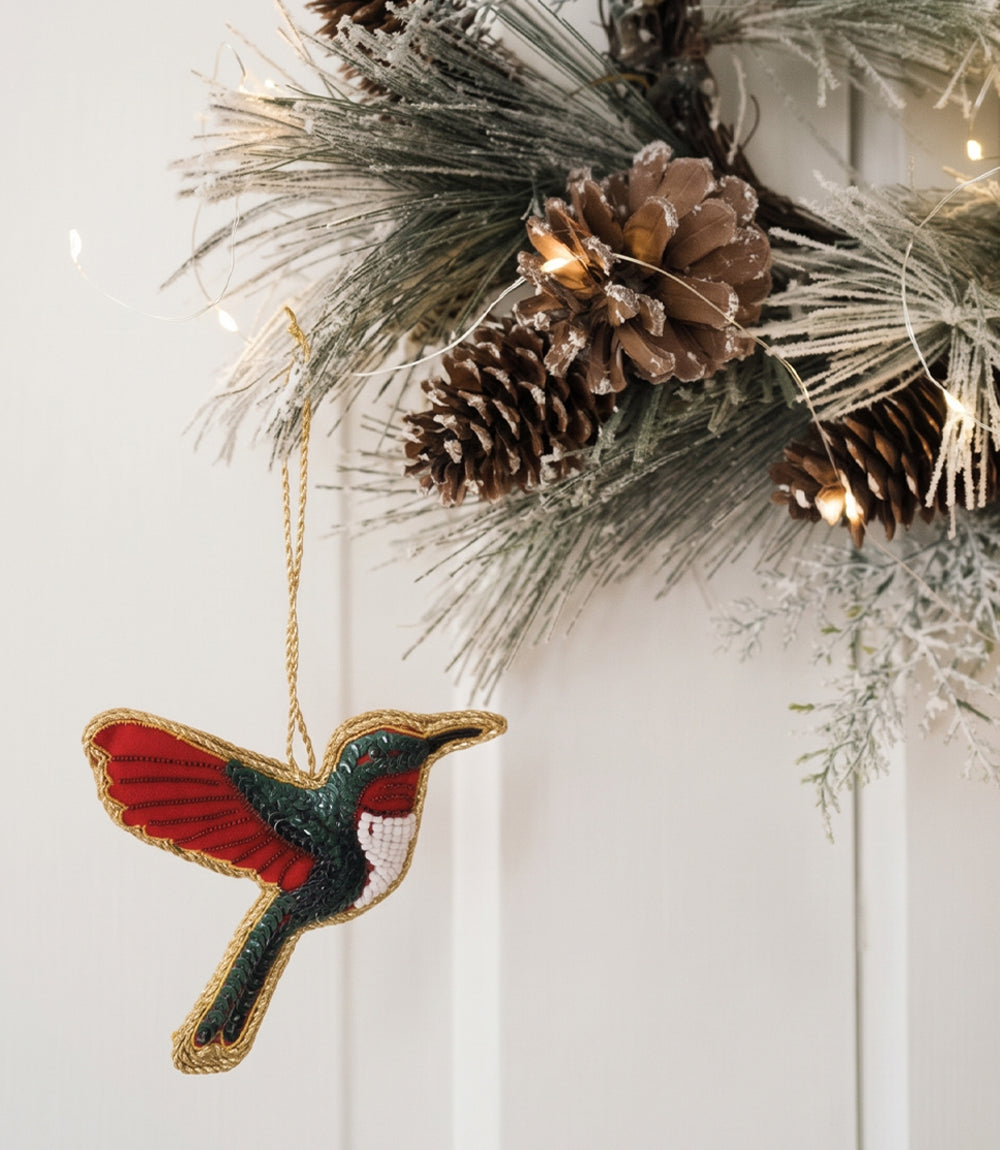 Larissa Hummingbird Beaded Ornament - Hand Embroidered