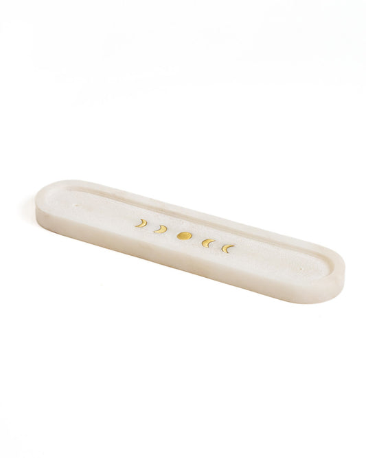 Indukala Moon Phase Trinket Dish Incense Holder - White Carved Marble