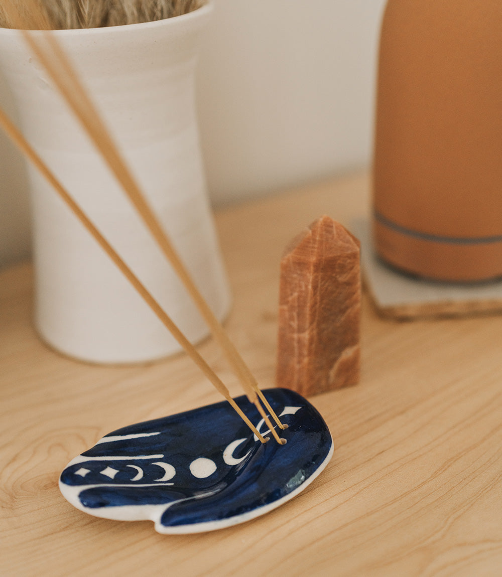 Jalini Hamsa Moon Phase Trinket Dish Incense Holder - Hand Painted Ceramic