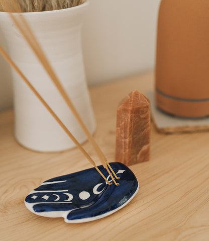 Jalini Hamsa Moon Phase Trinket Dish Incense Holder - Hand Painted Ceramic