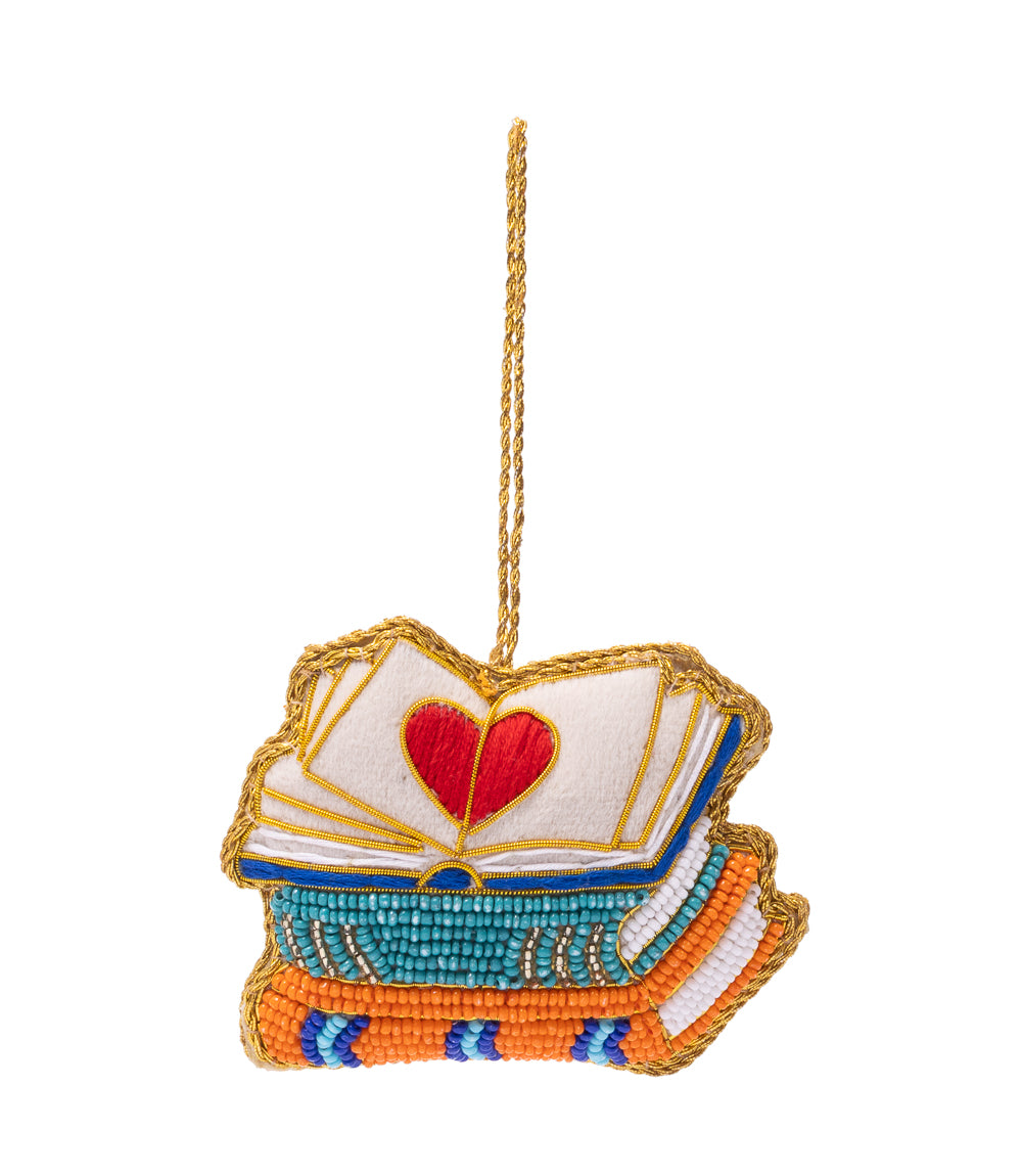 Larissa Heart Book Stack Beaded Ornament - Hand Embroidered