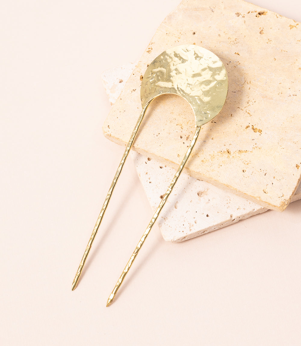 Hammered Crescent Brass Hair Pin - Gold